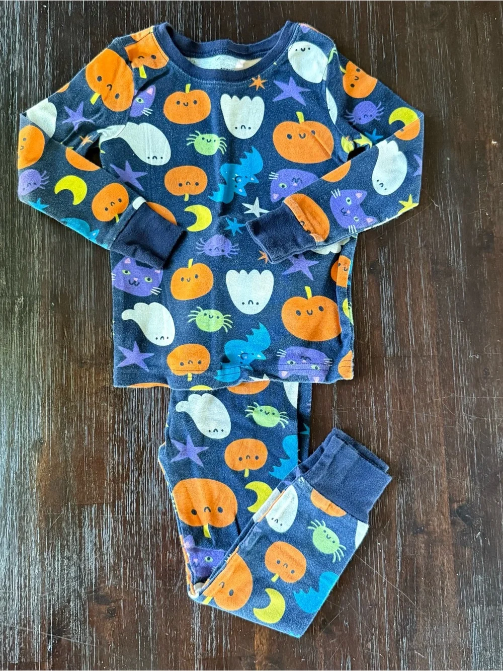Old Navy Navy Halloween Pajama Set with Orange Pumpkins & Multicolor Characters